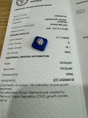 comprar 2.17CT G VS1 3EX CVD Laboratório Criado Diamante de Corte Redonda Certificado IGI LG624443138 online manufacture