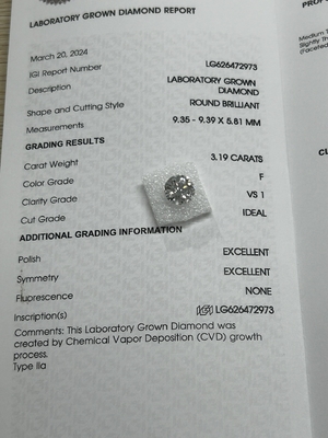 comprar 3.19CT F VS1 3EX CVD cultivado em laboratório Diamante de corte redondo Certificado IGI LG626472973 online manufacture