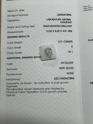 comprar 3.21CT E VS1 EX VG CVD Laboratório Crescido Diamant Pear Brillant Cut Certificado IGI online manufacture