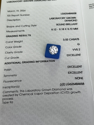 comprar 3.02ct CVD Laboratório Diamant Round Cut G VVS2 3EX N Certificado IGI online manufacture