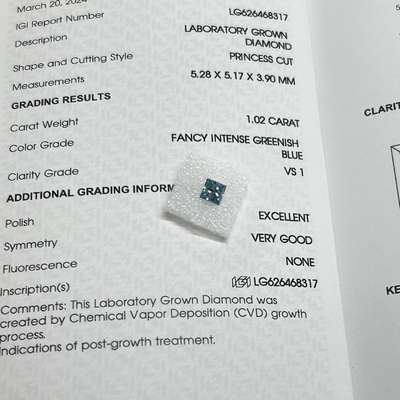 comprar 1.02CT Fancy Intense Greenish Blue VS1 EX VG CVD Laboratório Crescido Diamond Princess Cut Certificado IGI online manufacture