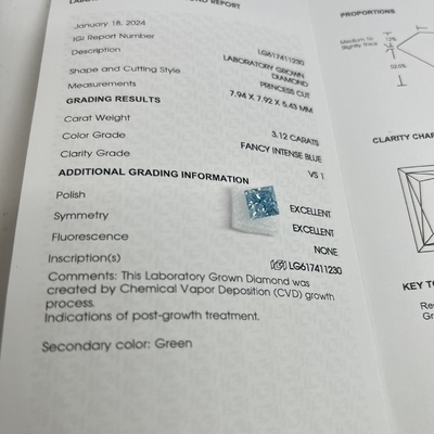 comprar 3.12CT Fancy Intense Blue Lab Made Diamonds VS1 2EX CVD Princess Cut online manufacture