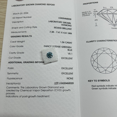 comprar 1.56ct Fantástico Intenso Azul verdoso Laboratório Crescido Diamante Redondo Corte CVD FVS1 3EX N IGI online manufacture