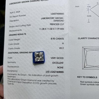 8.93CT H Cor VS2 Claridade 2EX CVD Laboratório Crescido Princesa Corte Diamante