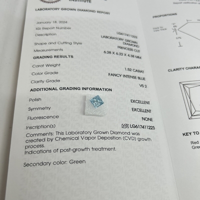 1.52CT Fancy Intense Blue VS2 2EX CVD Laboratório Crescido Diamond Princess Shape OEM ODM