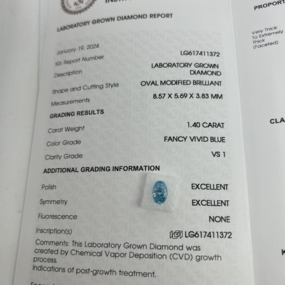 1.4ct Fabricado em laboratório Diamantes de corte oval CVD Fancy Vivid Blue VS1 2EX N Certificado IGI