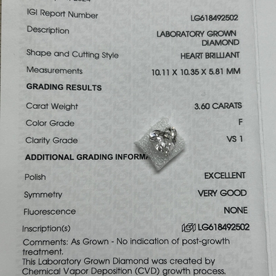 3.6ct Fabricado em laboratório Diamantes Coração Brilhante Corte CVD F VS1 2EX N IGI LG618492502