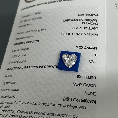 5.23ct Brilho Crescido Diamantes Corte de Coração CVD E Cor VS1 Claridade 2EX N IGI