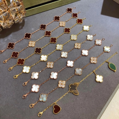Pulseira de ouro maciço de 18 quilates, réplica de diamante natural, jóias, carrinha de quatro folhas, trevo.